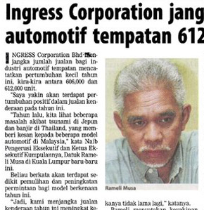Ingress Corporation Jangka Jualan Automotif Tempatan 612,000 Unit  