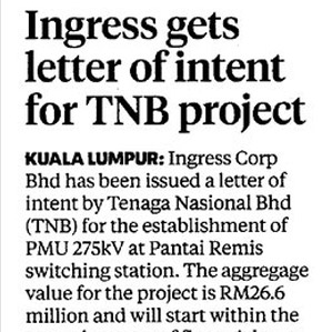 Ingress Gets Letter Of Intent For TNB Project