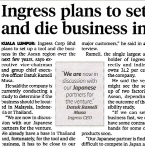 Ingress Plans To Set Up Tool And Die Business In asean  